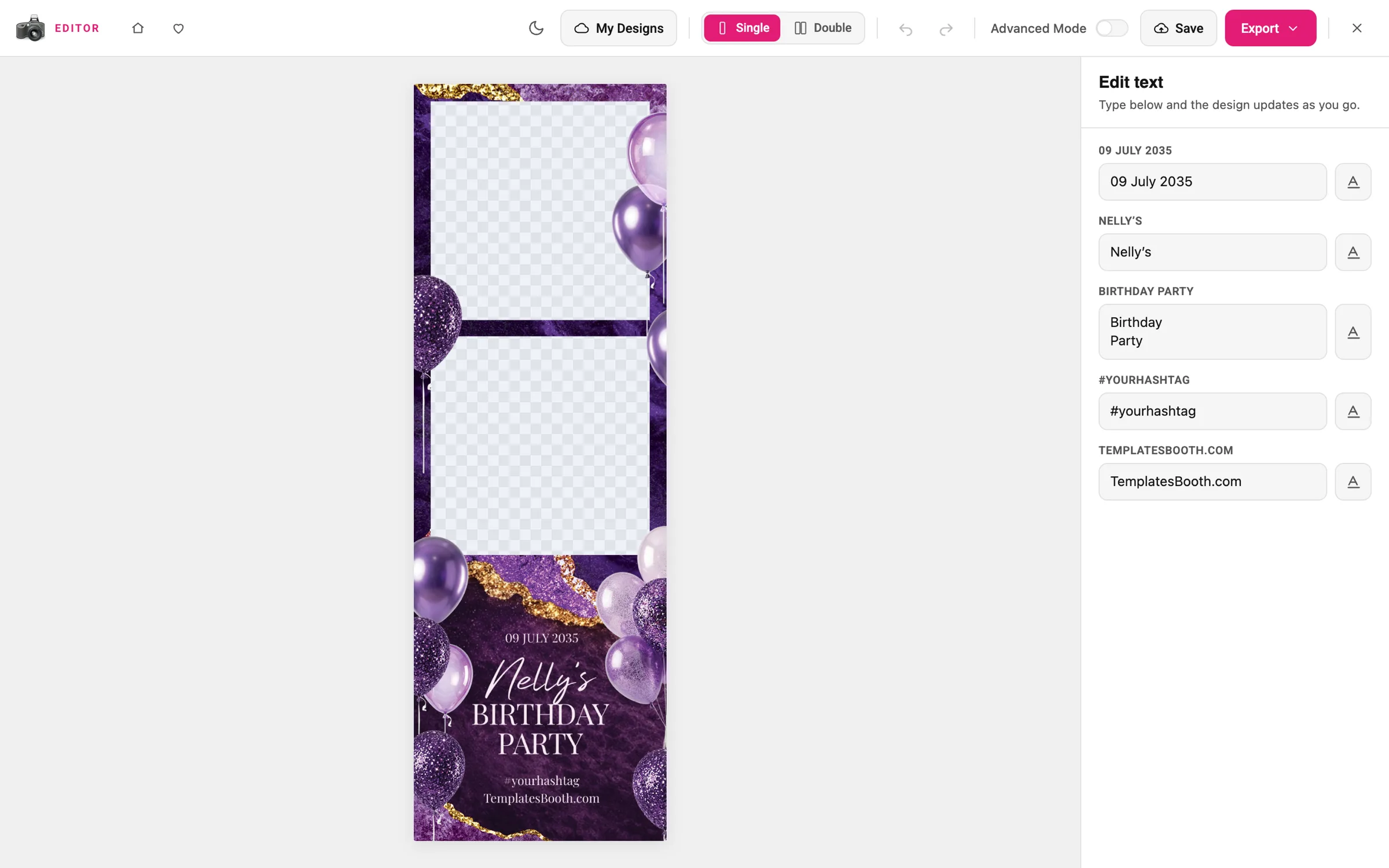 The TemplatesBooth editor with a photo booth strip on the canvas and the event wording being typed in a panel beside it