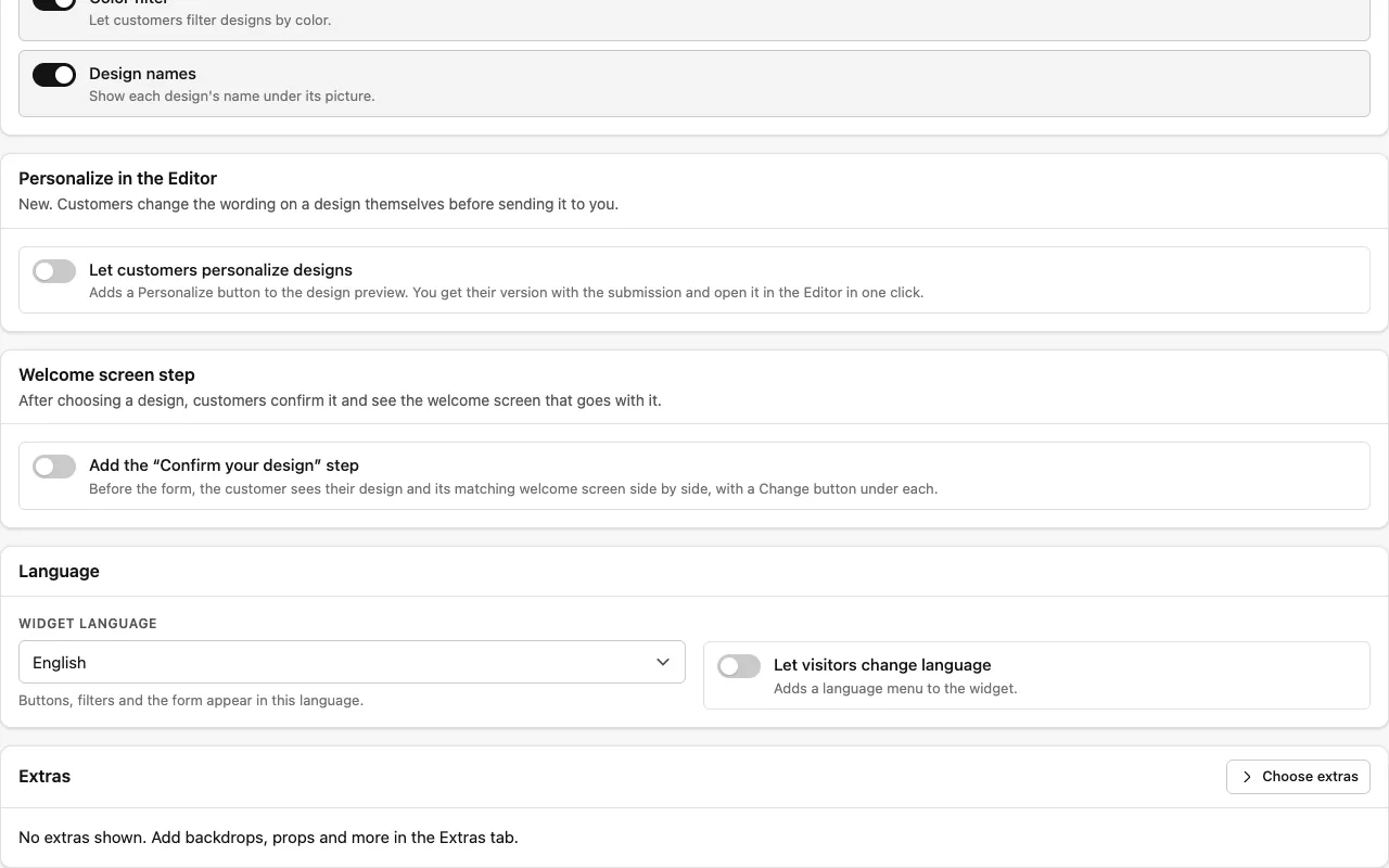 Paramètres de langue du widget avec une option permettant aux visiteurs de changer de langue.