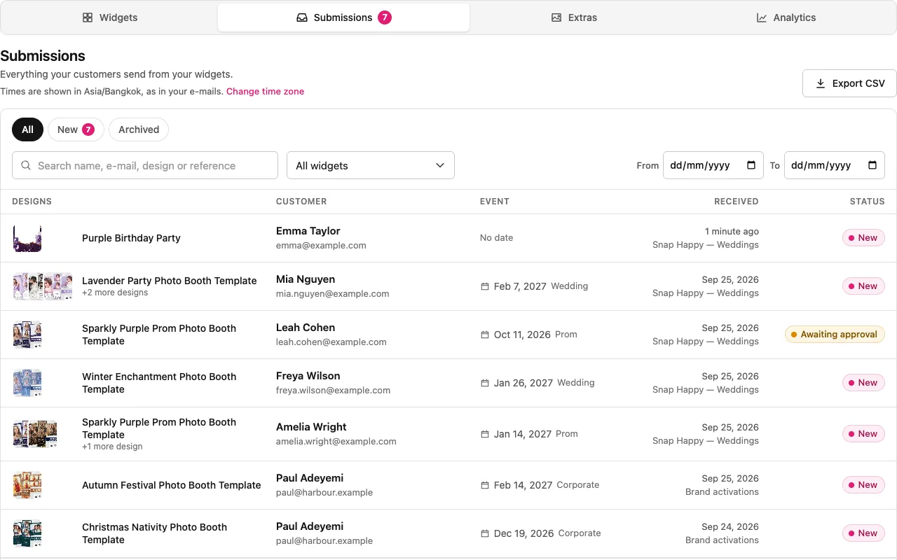 La liste des demandes dans le tableau de bord du widget.