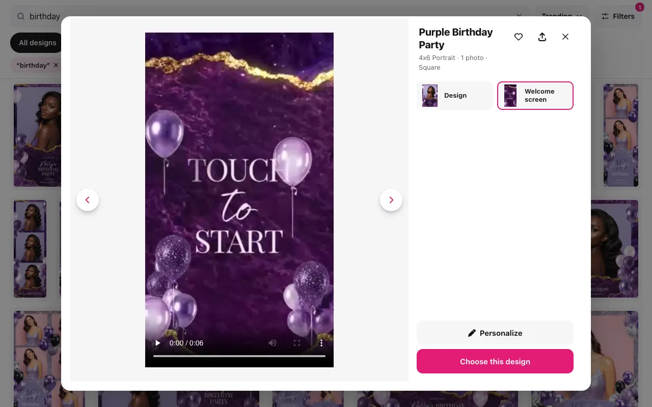 L’aperçu d’un design affiche son écran d’accueil assorti, qui invite à toucher l’écran pour commencer.