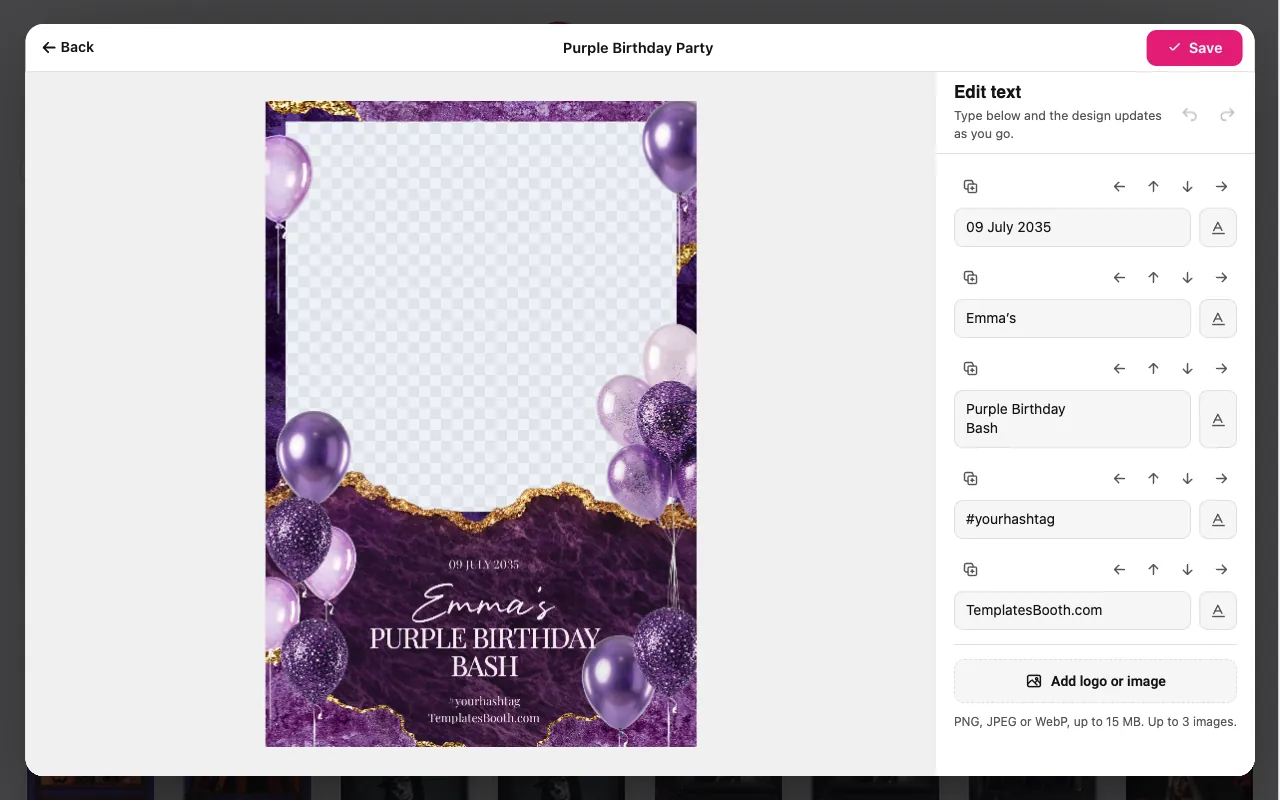 L’éditeur dans le navigateur affichant un texte personnalisé sur un modèle d’anniversaire violet.
