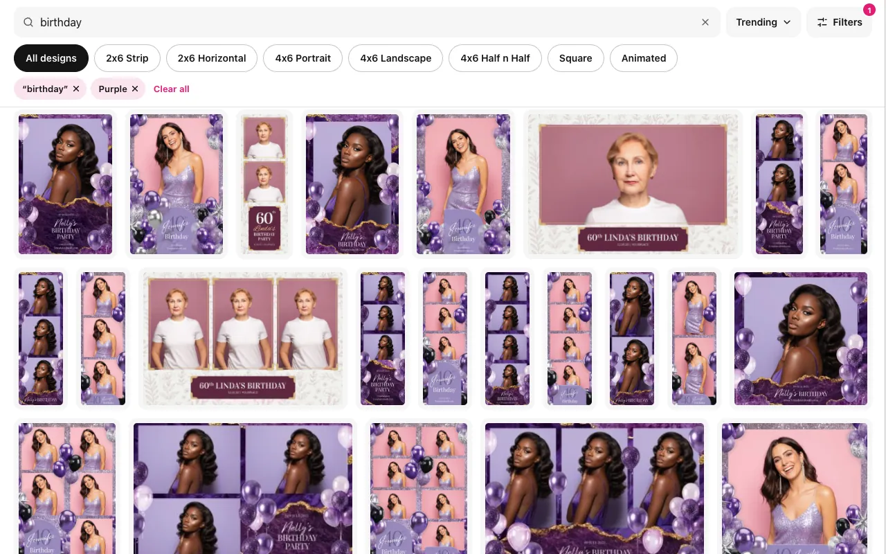 La galerie du widget filtrée pour afficher les designs d’anniversaire violets.