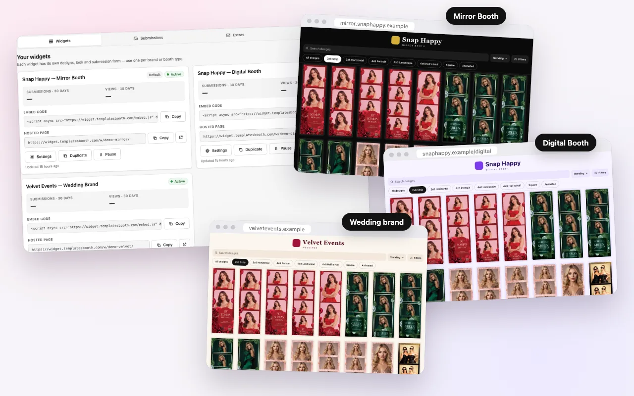Le tableau de bord du widget affiche trois widgets, chacun avec sa propre galerie à ses couleurs : un photobooth miroir, un photobooth numérique et une marque dédiée au mariage.