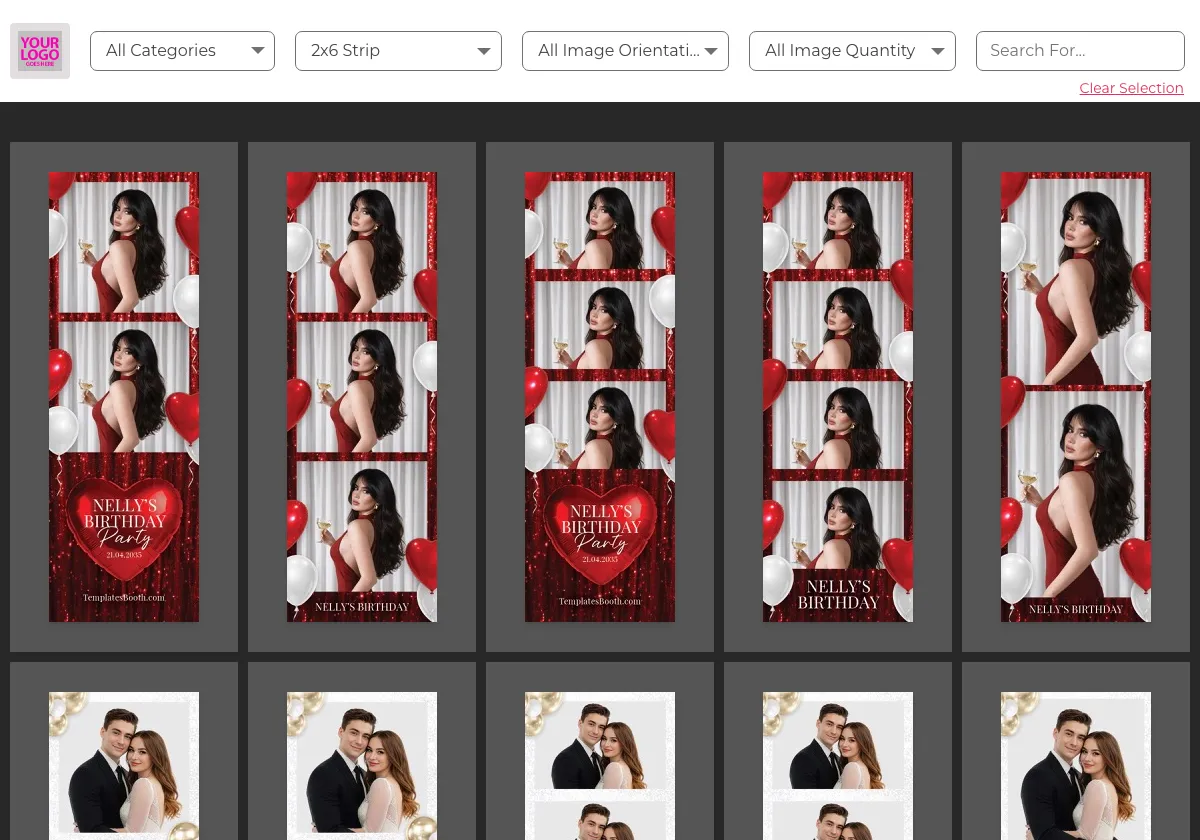 The TemplatesBooth widget embedded on a website, showing a filter bar and a grid of 2x6 photo strip templates.