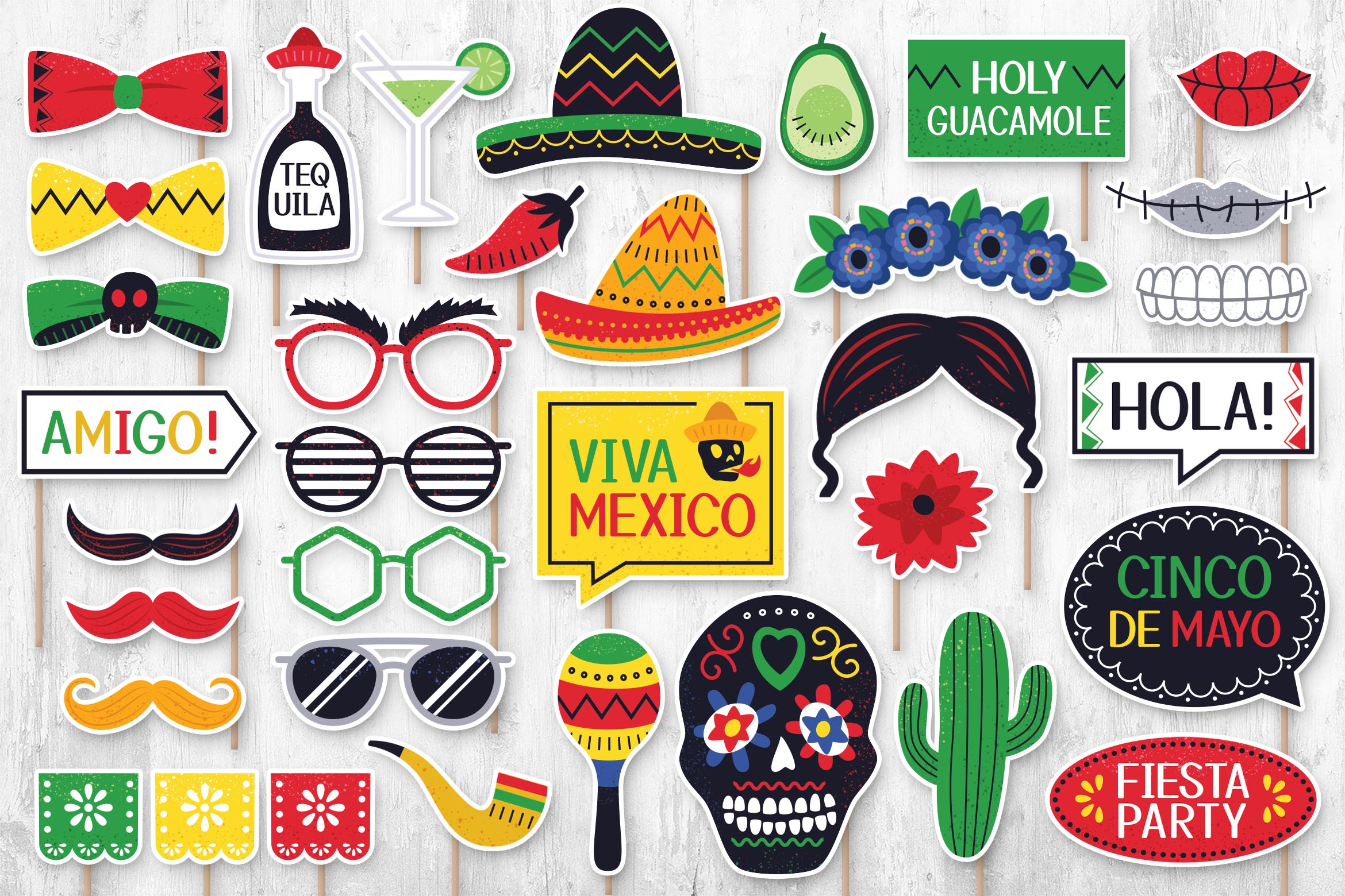 Mexican Photo Booth Digital Props (PSD, PNG, PDF formats)