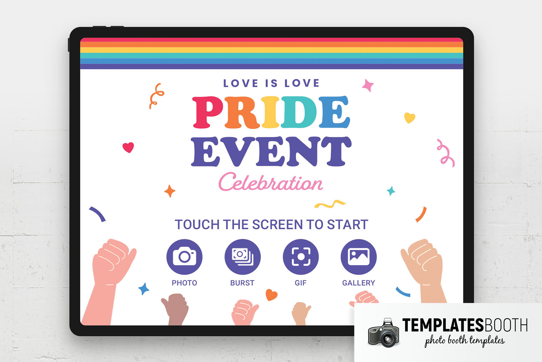 Écran de bienvenue pour photomaton lors d'un événement LGBT Pride