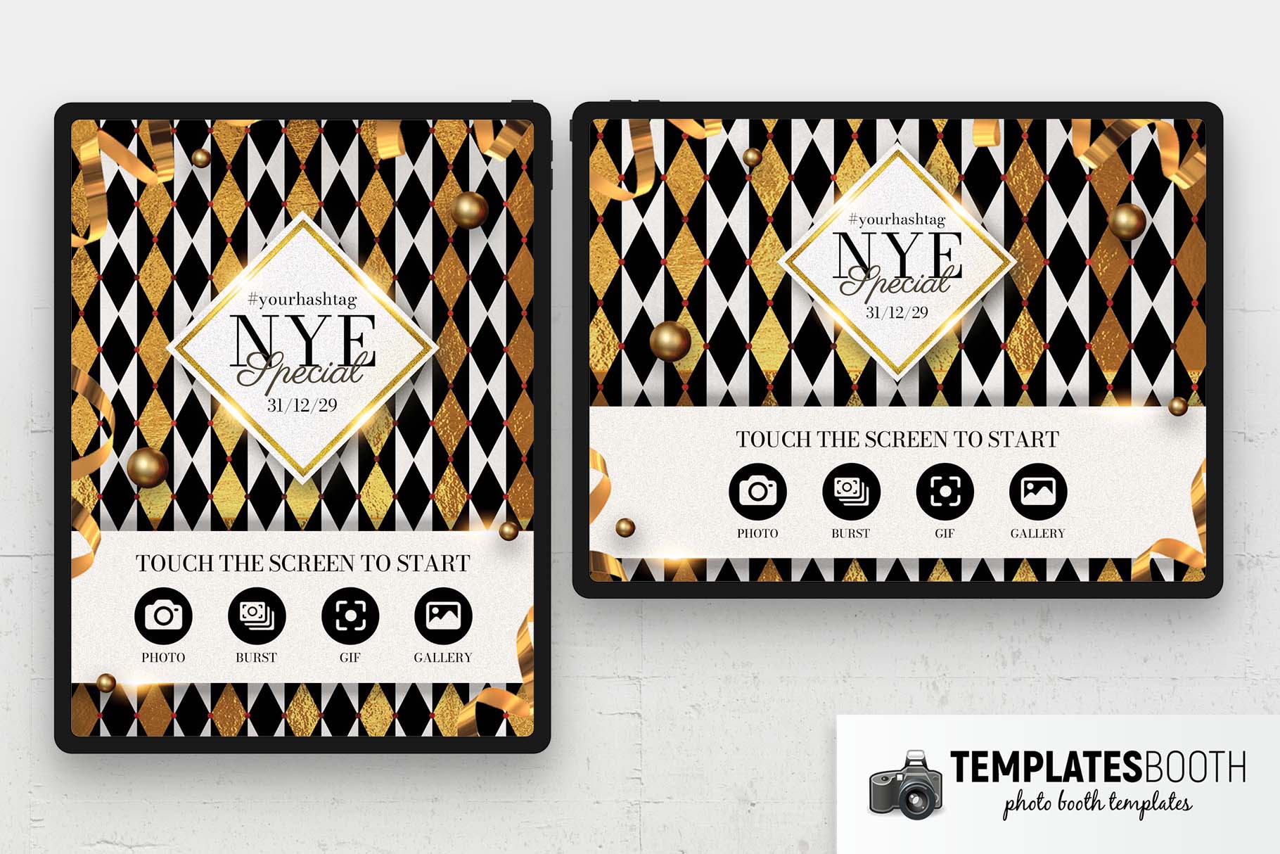 Gold Chequered NYE Photo Booth Welcome Screen