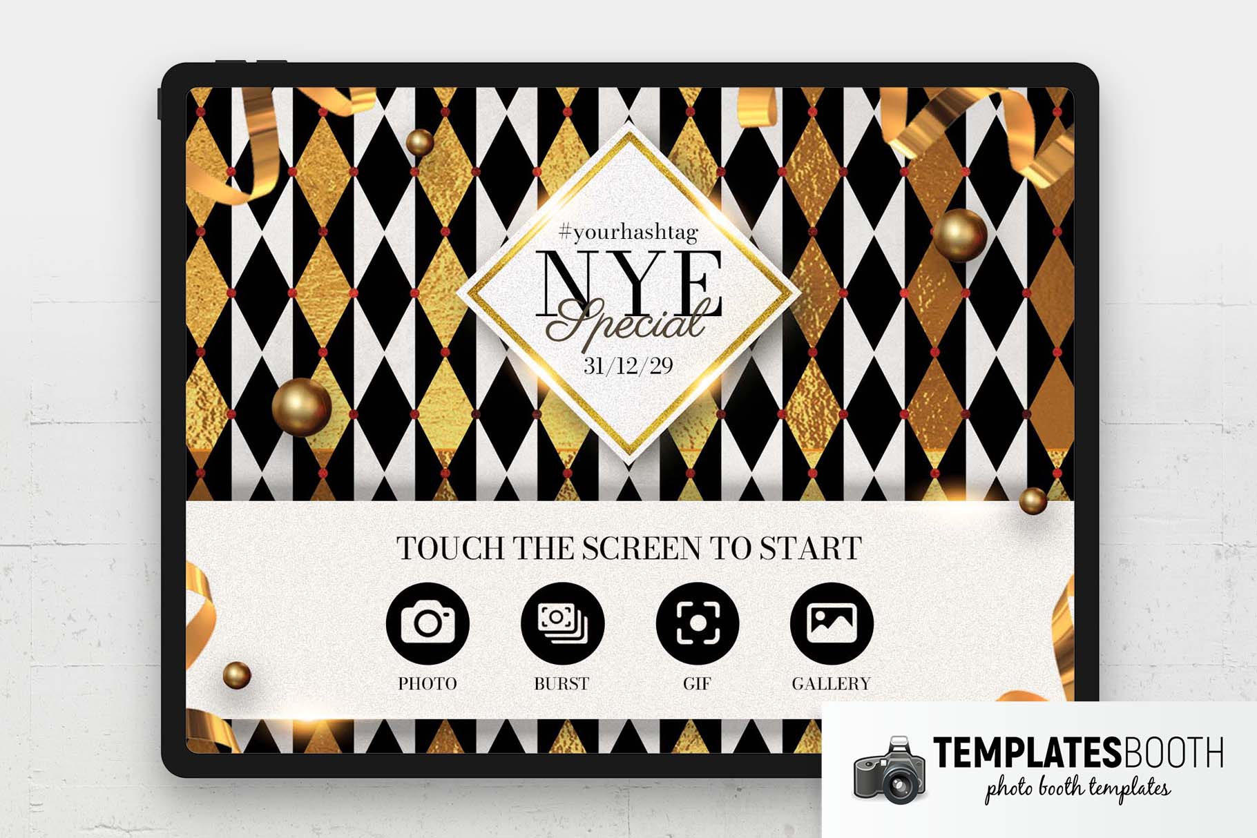 Gold Chequered NYE Photo Booth Welcome Screen