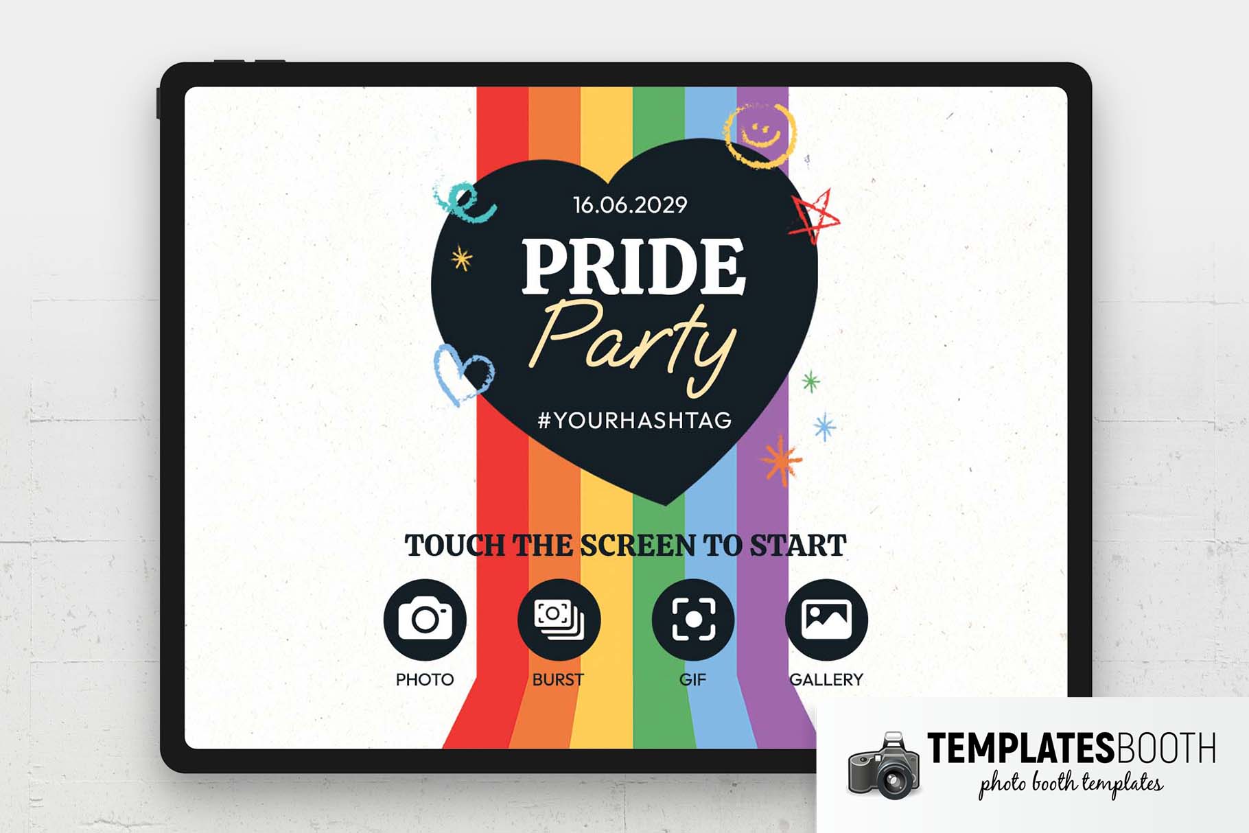Écran de bienvenue pour le photomaton de la fête de la fierté LGBT