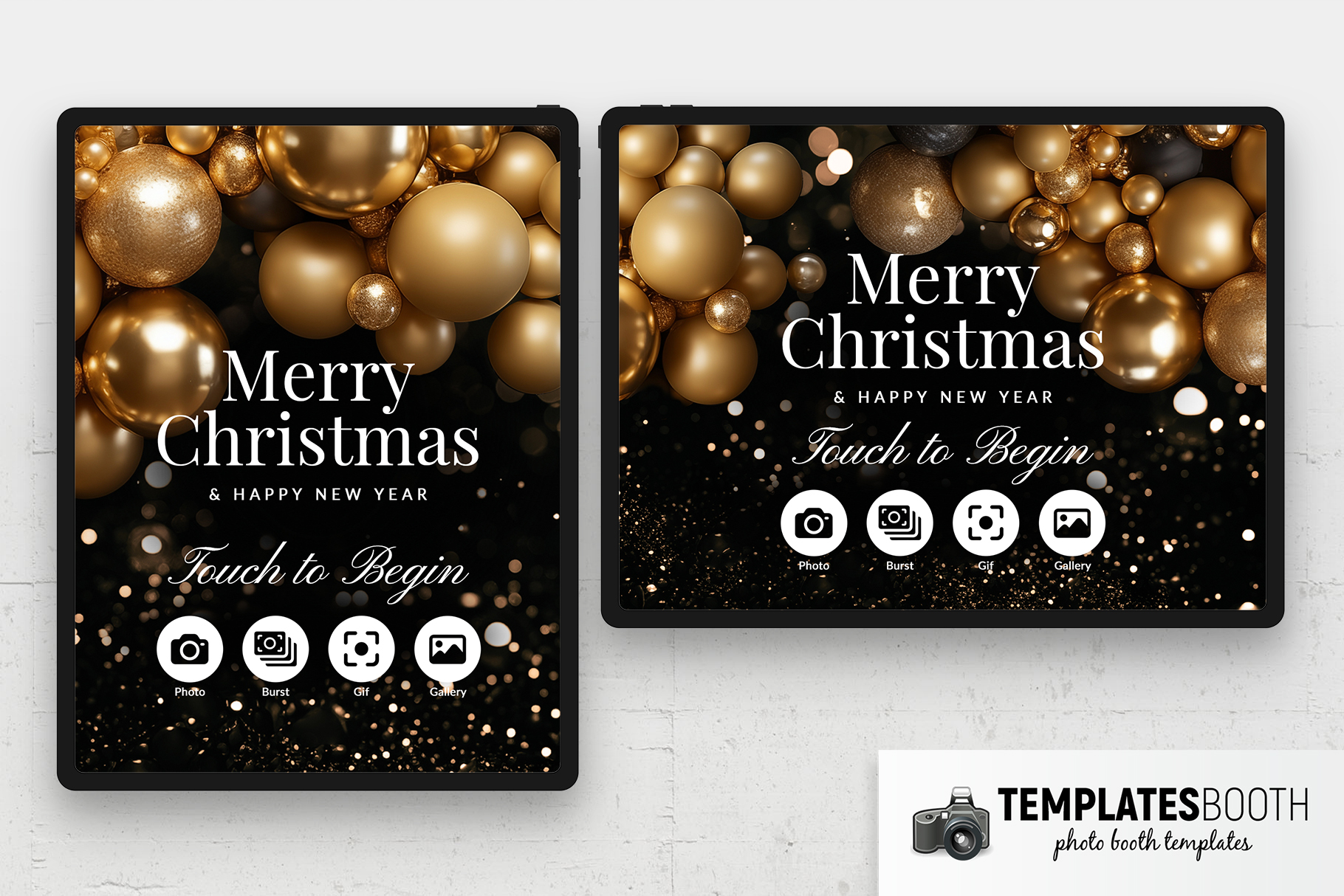 Golden Baubles Christmas Photo Booth Welcome Screen