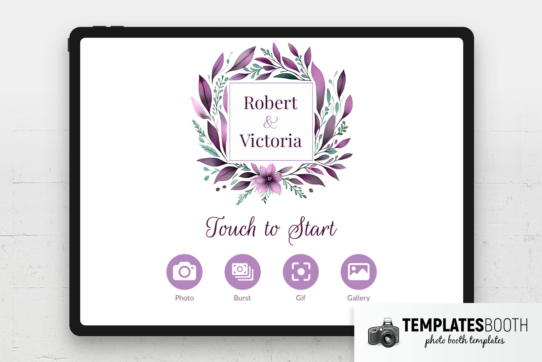 Purple Floral Wreath Photo Booth Welcome Screen
