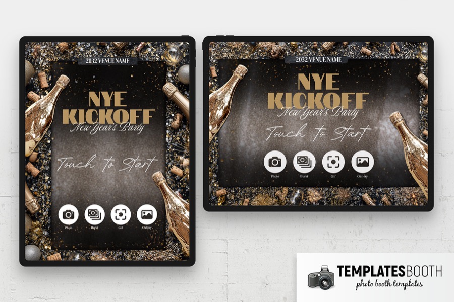 Gold Bottle NYE Photo Booth Welcome Screen