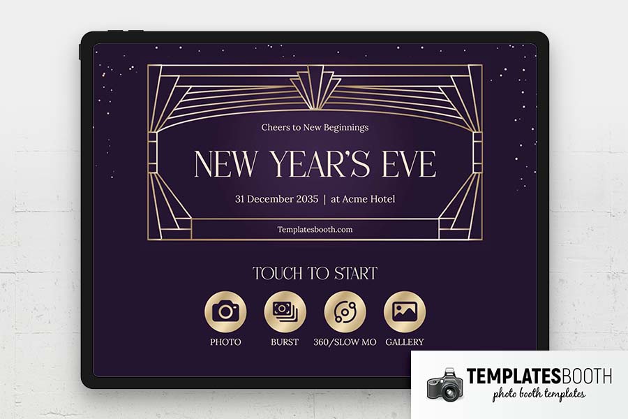 Purple NYE Art Deco Photo Booth Welcome Screen