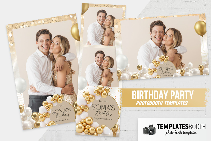 Gold Balloon Birthday Party Photo Booth Template Preview