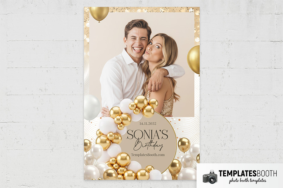 Gold Balloon Birthday Party Photo Booth Template - TemplatesBooth