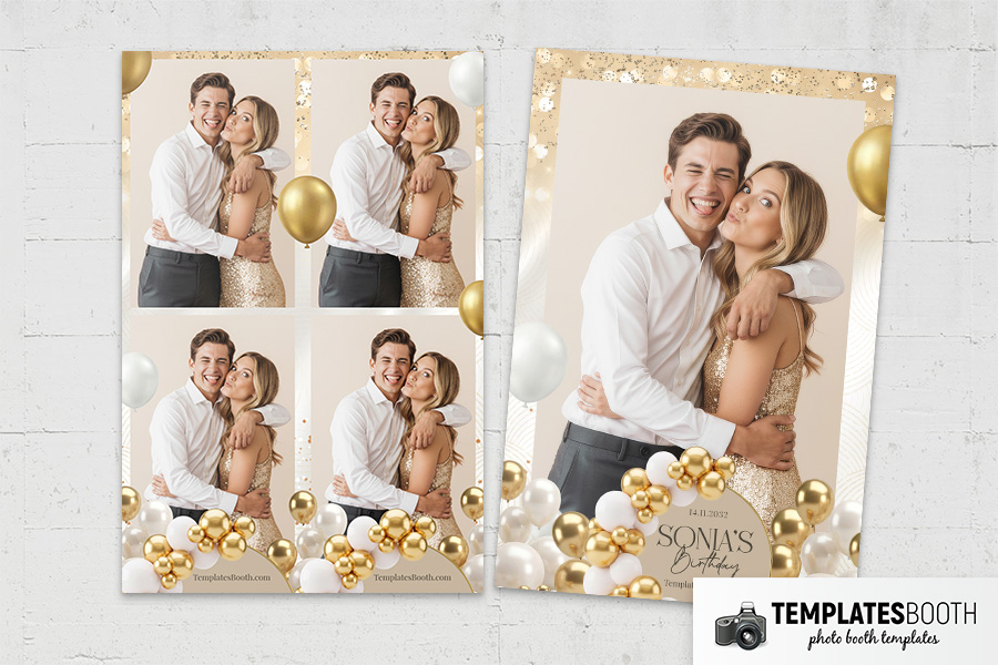 Gold Balloon Birthday Party Photo Booth Template Preview
