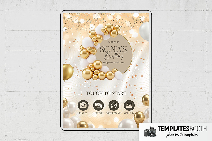 Gold Balloon Birthday Party Photo Booth Template Preview