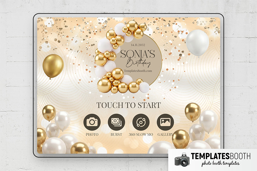 Gold Balloon Birthday Party Photo Booth Template Preview
