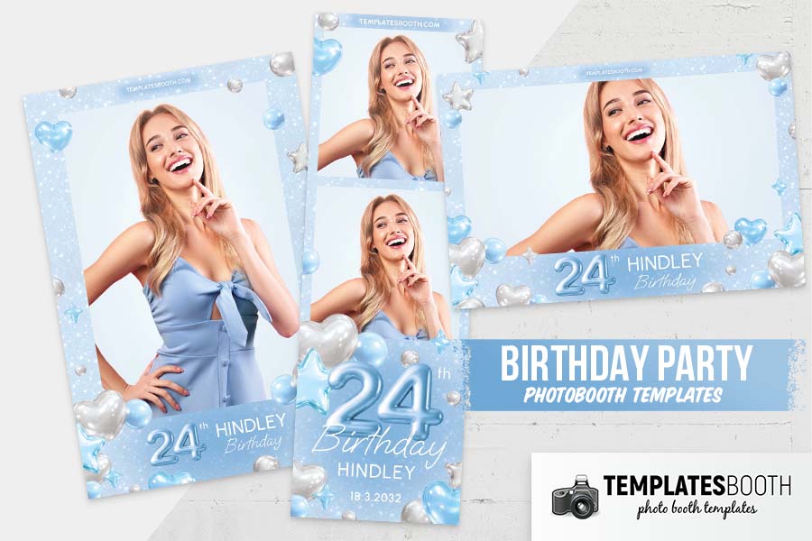 Blue Silver Heart Birthday Photo Booth Template Preview