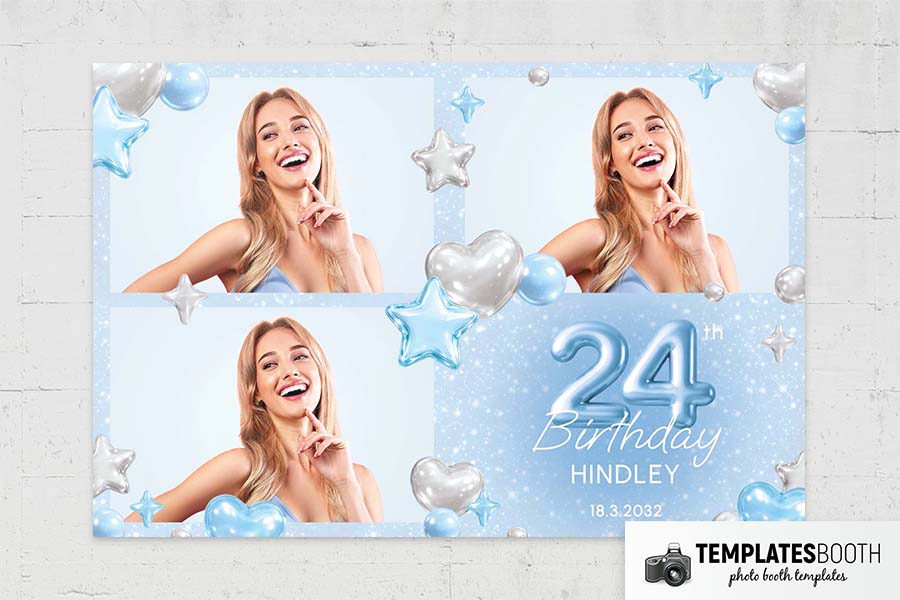 Blue Silver Heart Birthday Photo Booth Template Preview
