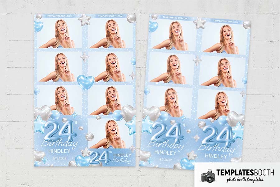 Blue Silver Heart Birthday Photo Booth Template Preview