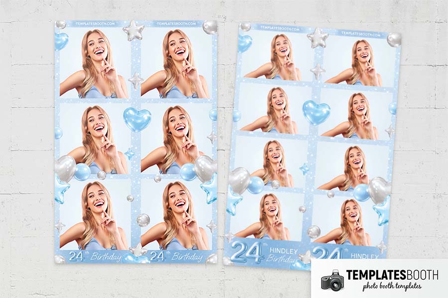 Blue Silver Heart Birthday Photo Booth Template Preview