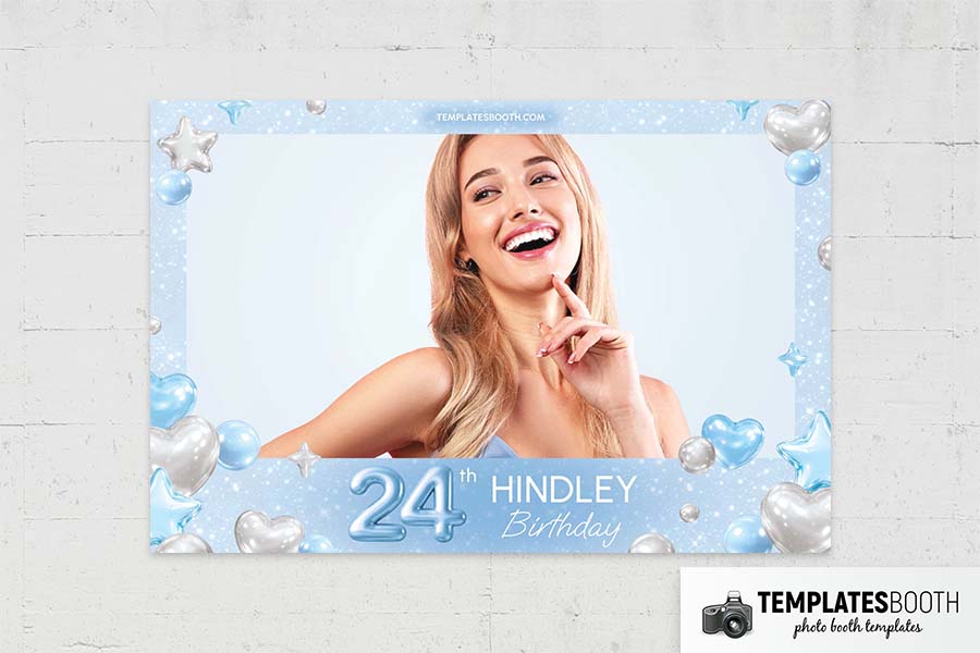 Blue Silver Heart Birthday Photo Booth Template Preview