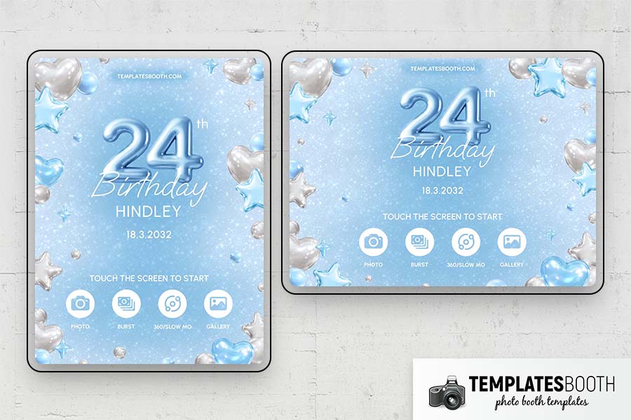Blue Silver Heart Birthday Photo Booth Template Preview