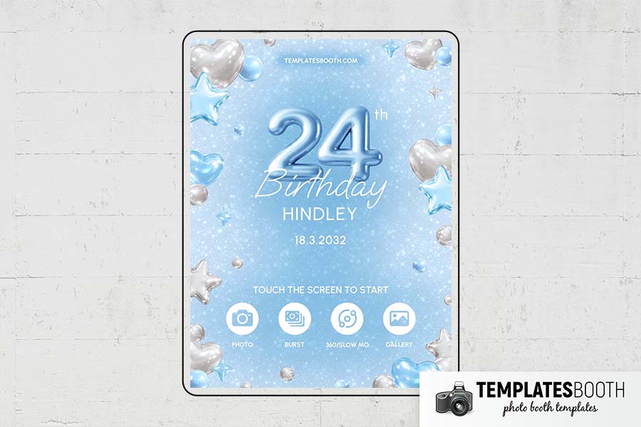 Blue Silver Heart Birthday Photo Booth Template Preview