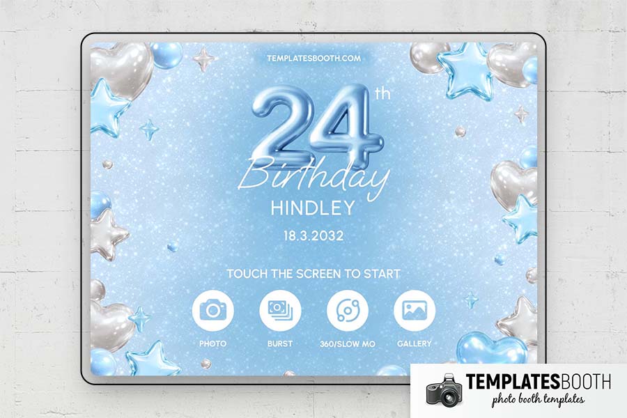 Blue Silver Heart Birthday Photo Booth Template Preview