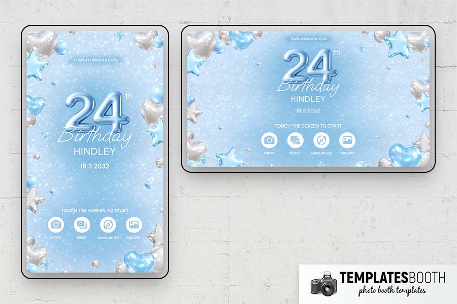 Blue Silver Heart Birthday Photo Booth Template Preview