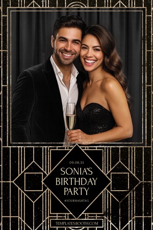 Modèle de photobooth pour fête d’anniversaire noir et doré