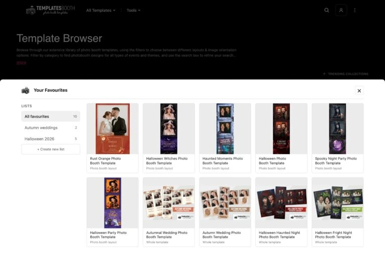 The Your Favourites panel open over the browse page: lists on the left (All favourites, Autumn weddings, Halloween 2026) and ten saved layouts and templates beside them