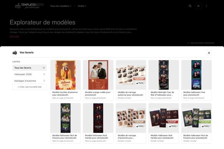 Panneau « Vos favoris » ouvert sur l’explorateur de modèles : listes à gauche (« Tous les favoris », « Mariages d’automne », « Halloween 2026 ») et dix mises en page et modèles enregistrés à droite