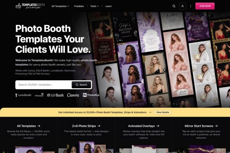 The new TemplatesBooth homepage: the headline “Photo Booth Templates Your Clients Will Love”, a template search box and a wall of photo booth print designs