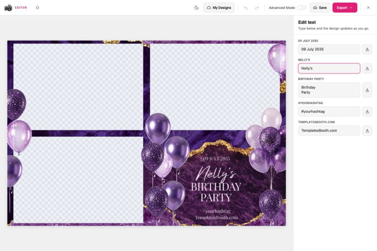 TemplatesBooth Editor avec une mise en page d’impression 6x4 d’anniversaire violette sur la zone de travail et, à côté, le panneau Edit text, qui comporte un champ pour chaque ligne de texte